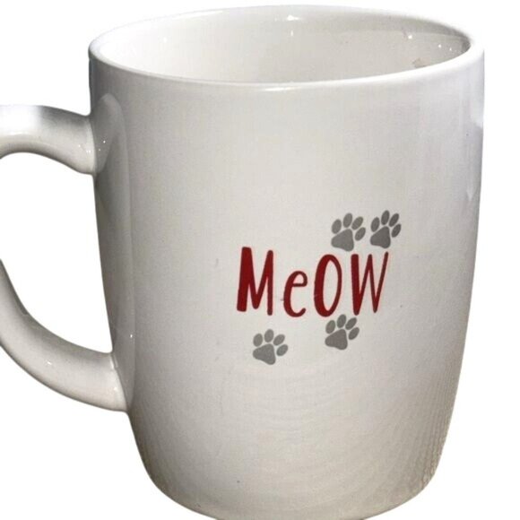 Cat Lovers White Stoneware Coffee Mug With Red Pattern Cat & Meow Design 3.5" Ta - Picture 2 of 6